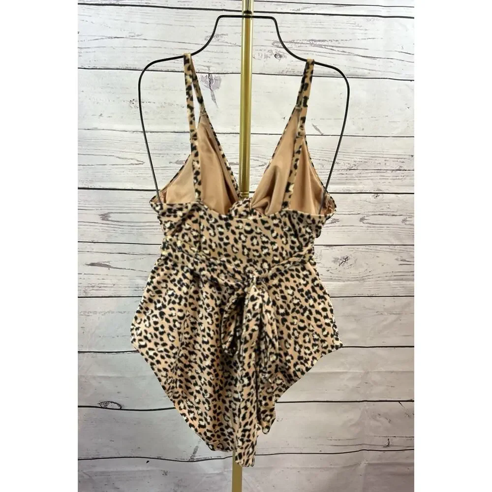 Aerie AE Leopard Print Full Coverage Wrap One Piece Monokini Swimsuit Size Large - Picture 2 of 6